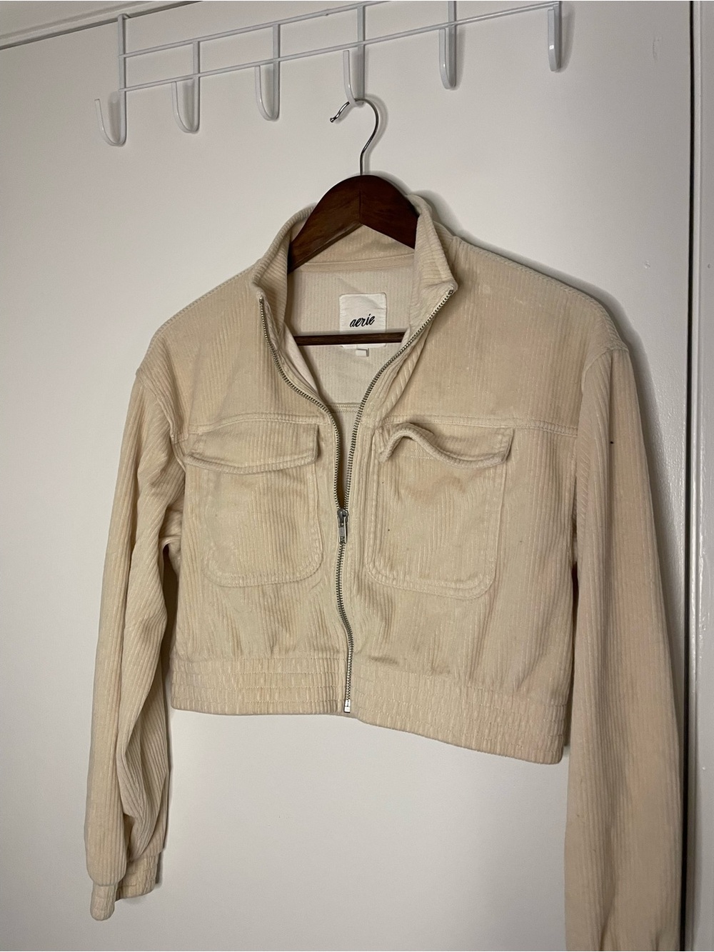 Aerie Cream Grooveon Velour Cropped Corduroy Full Zip-Up Jacket